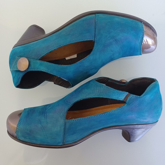 Naot Teal Blue Leather ⁰Pumps Metallic Bronze Cap Toe Size 39 L8 299406 - Picture 7 of 10